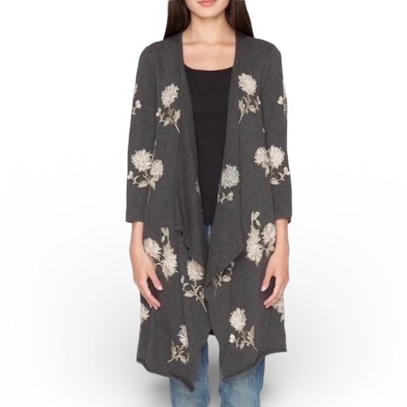 Johnny Was Sweaters - Johnny Was Margarit Wrap Embroidered Cardigan Kimono Gray Womens L Boho Folk
